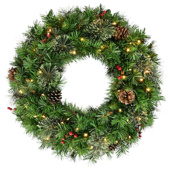 Puleo International 24" Pre-Lit Pine with Pinecones & Red Berries Artificial Wreath